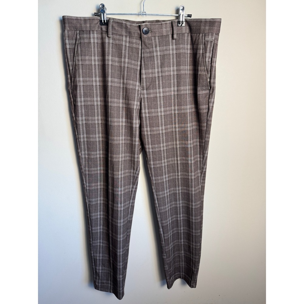 Jack & Jones Mens Brown Plaid Slim Marco Pants 36 Business Casual Preppy Stretch